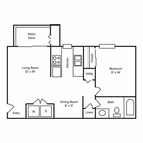 Floor plan for 1 bed, 1 bath, 729 sqft